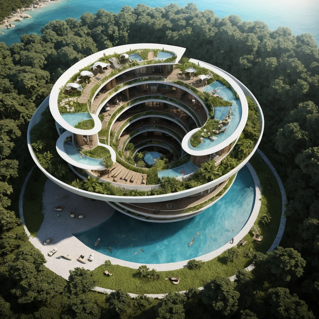 Futuristic nautilus eco resort rising over turquoise coastal waters