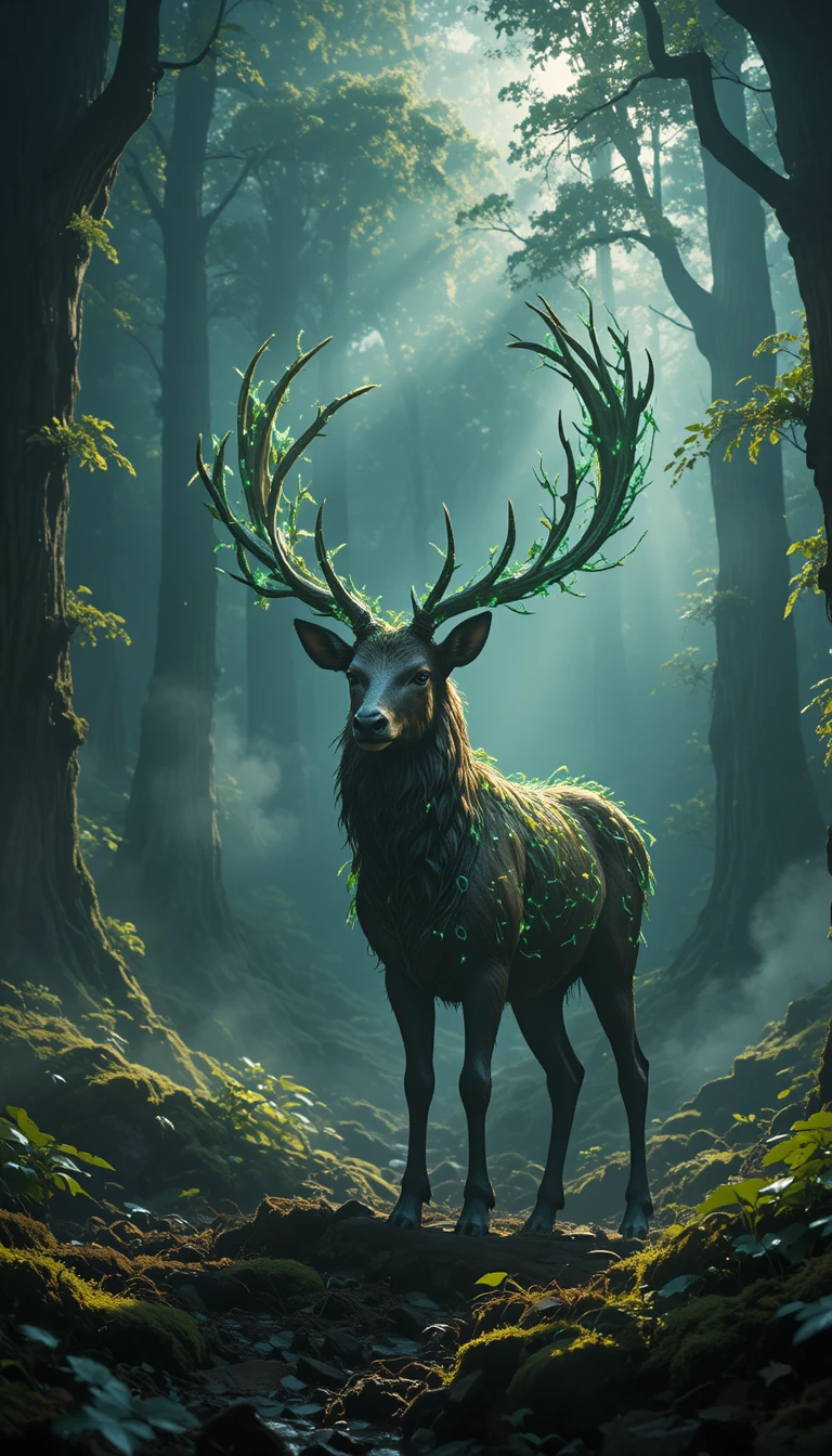 Majestic stag in glowing mystical forest clearing