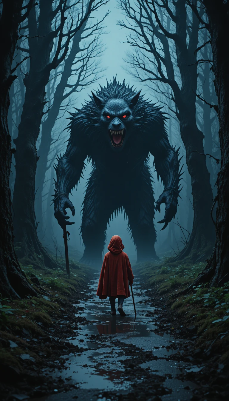 Child In Red Cloak Facing Menacing Werewolf In Forest