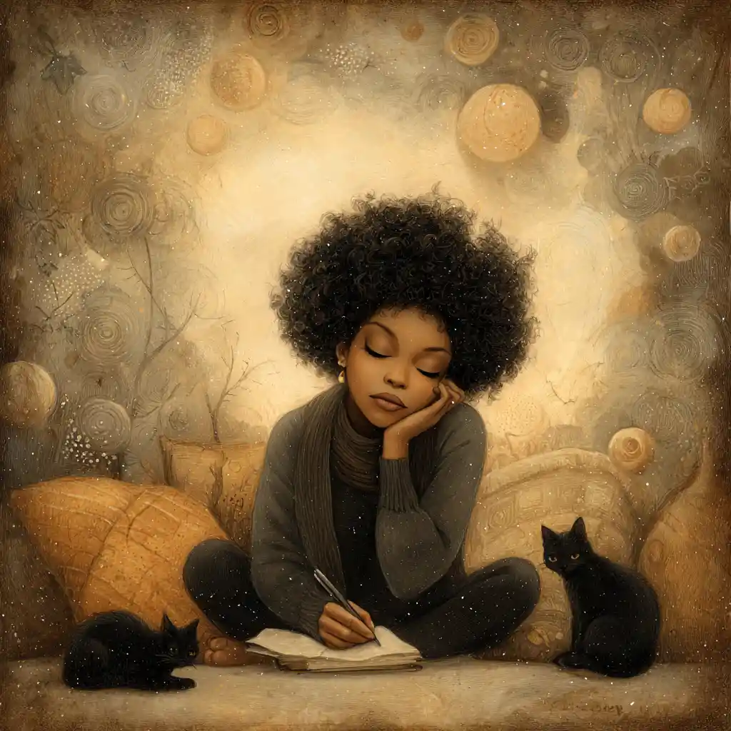 African American woman journaling with cats in a cozy room