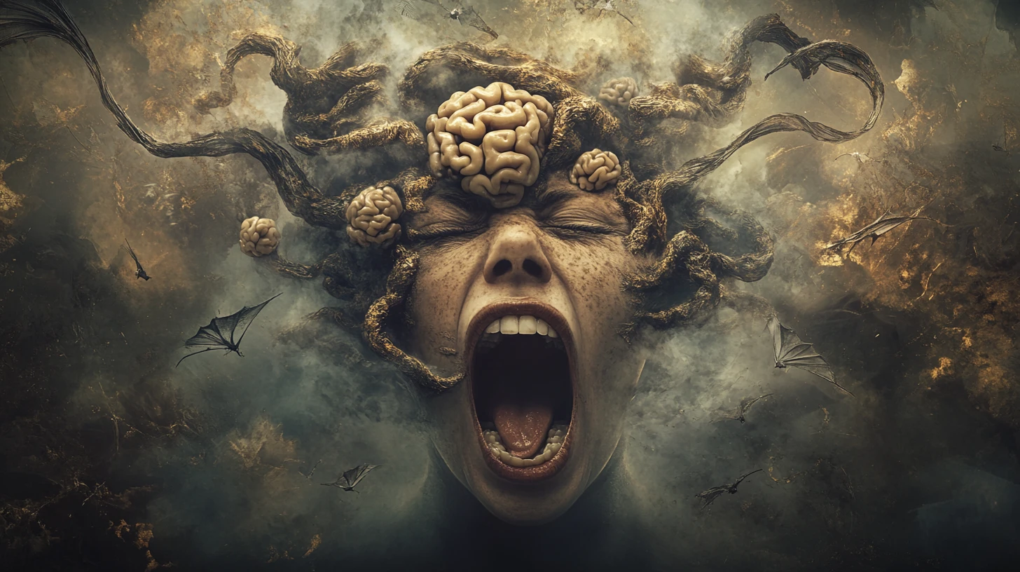 Mujer surreal angustiada con la cabeza torcida y los ojos saltones