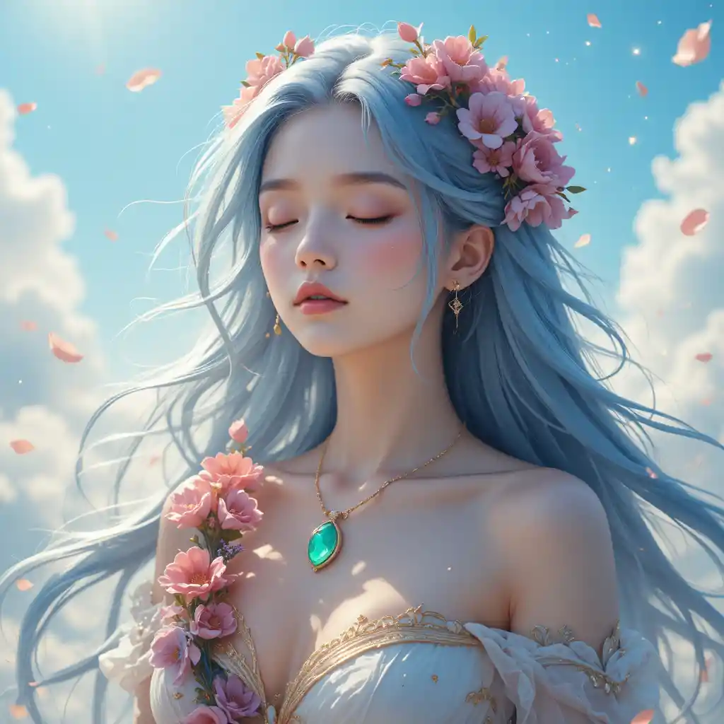 Silver haired fantasy girl with floral crown and pendant