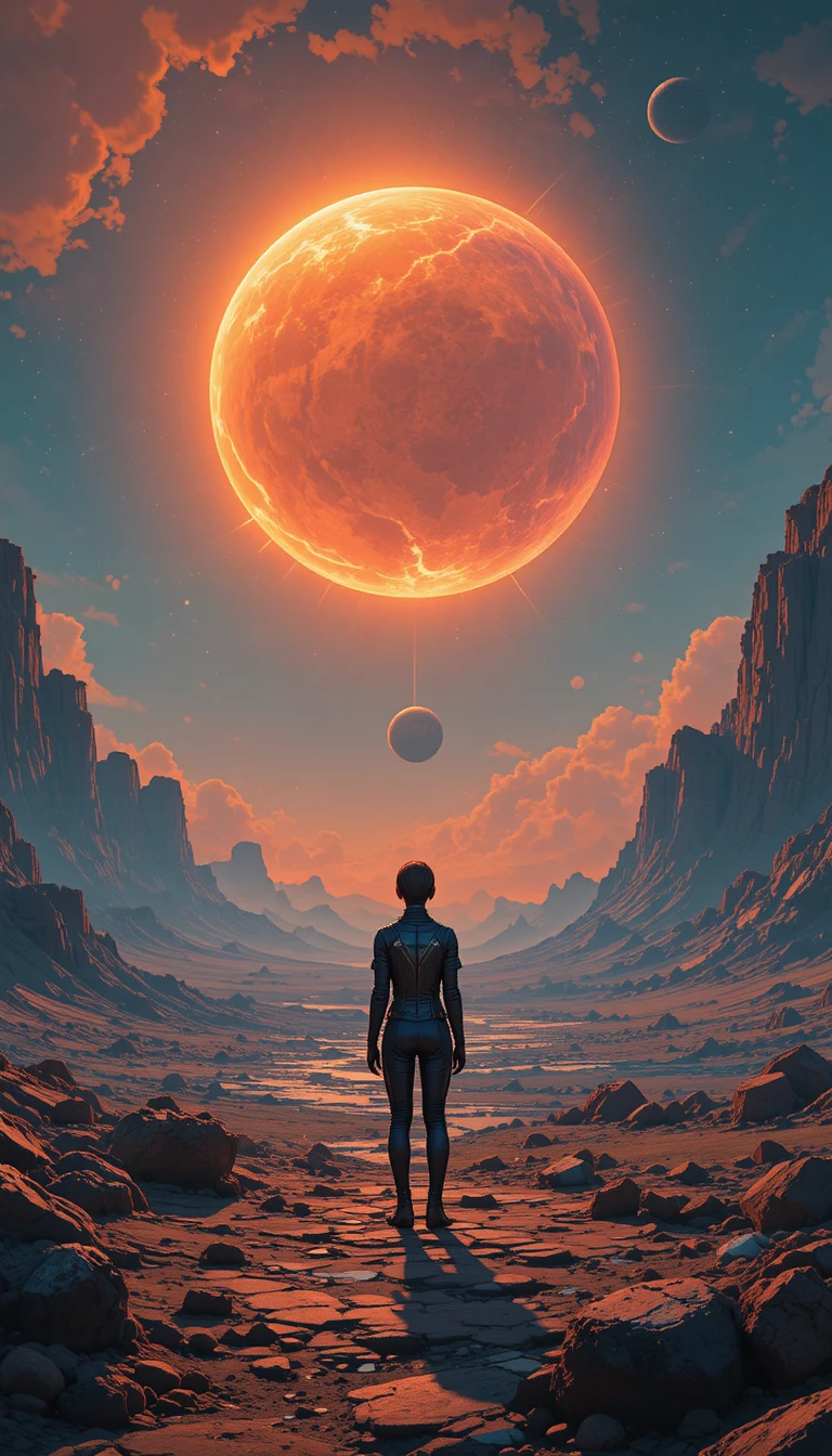 Einsame Gestalt unter leuchtendem Planeten in außerirdischer Landschaft