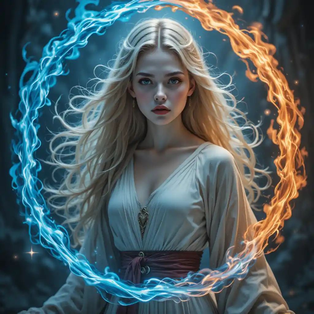 Fantasy sorceress portrait with blue and orange elemental flames