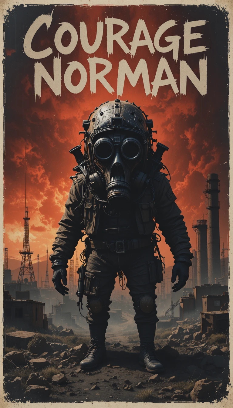 Ominous gas mask poster over a red industrial wasteland