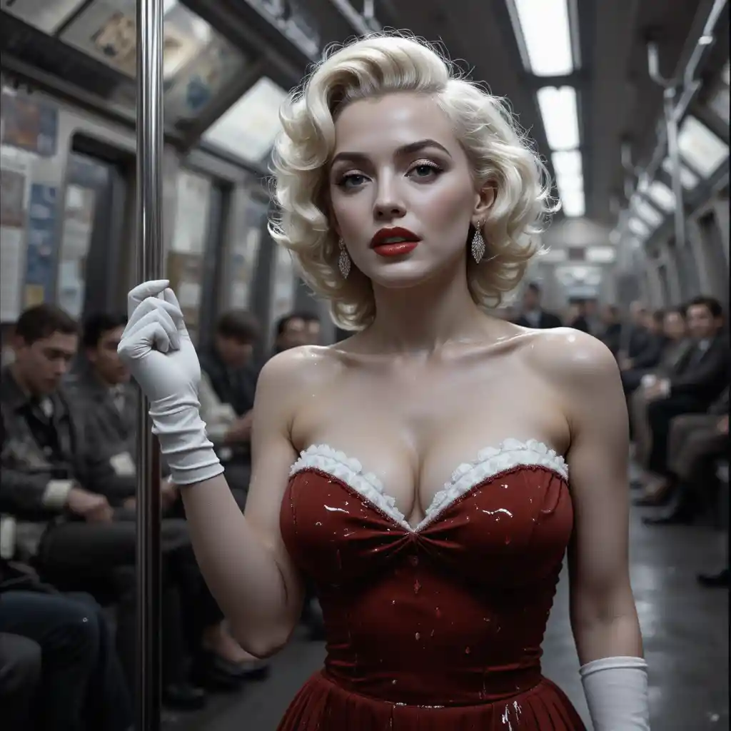 Foto vintage en blanco y negro de mujer rubia en el metro