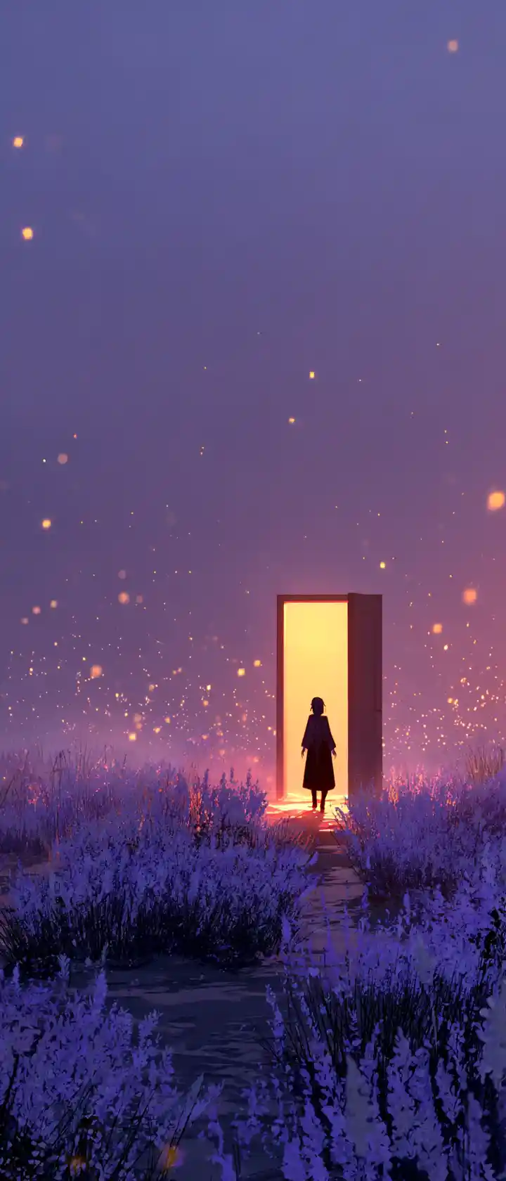 Woman in cloak walking through endless lavender field