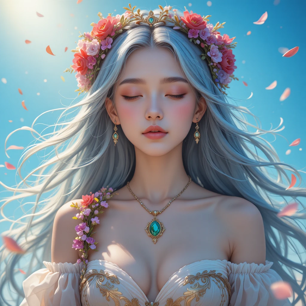 Silver haired fantasy girl crowned with flowers in sunlight