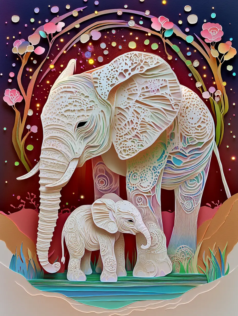 Mother elephant sheltering newborn calf in sacred paper art