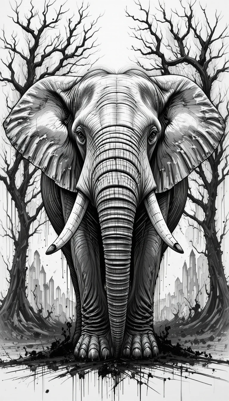 Disegno digitale in bianco e nero di un elefante africano frontale