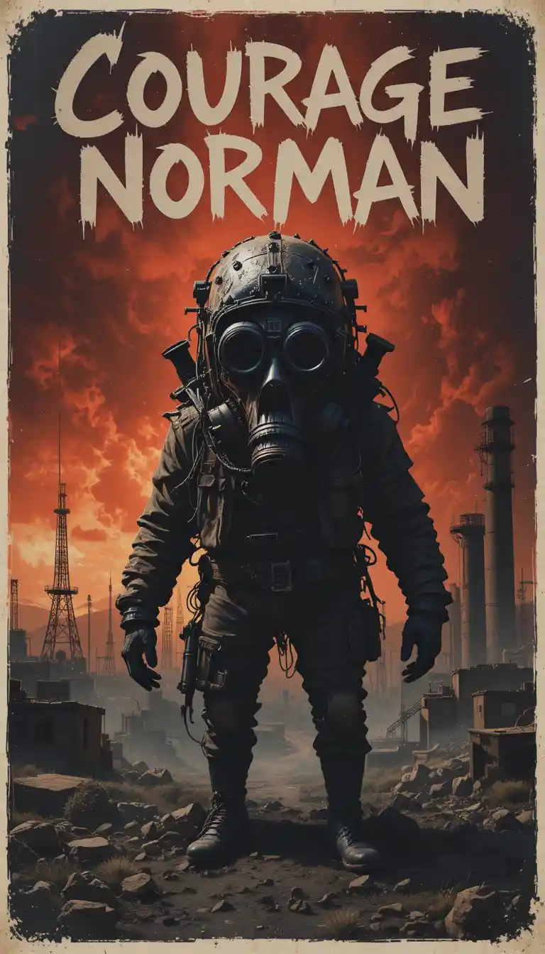 Ominous gas mask poster over a red industrial wasteland