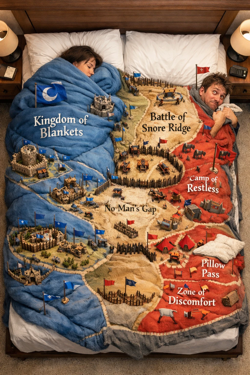 Campo de batalla de dibujos animados visto desde arriba en una cama compartida