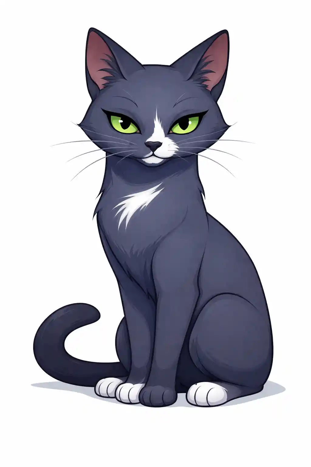 Stylized Russian Blue cartoon cat with quirky white markings