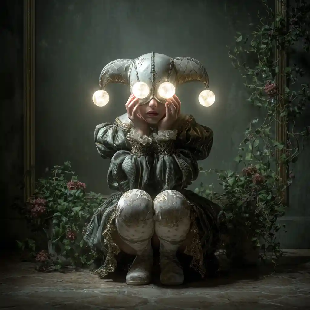 Surreal porcelain faced woman in joker costume with glass eyes