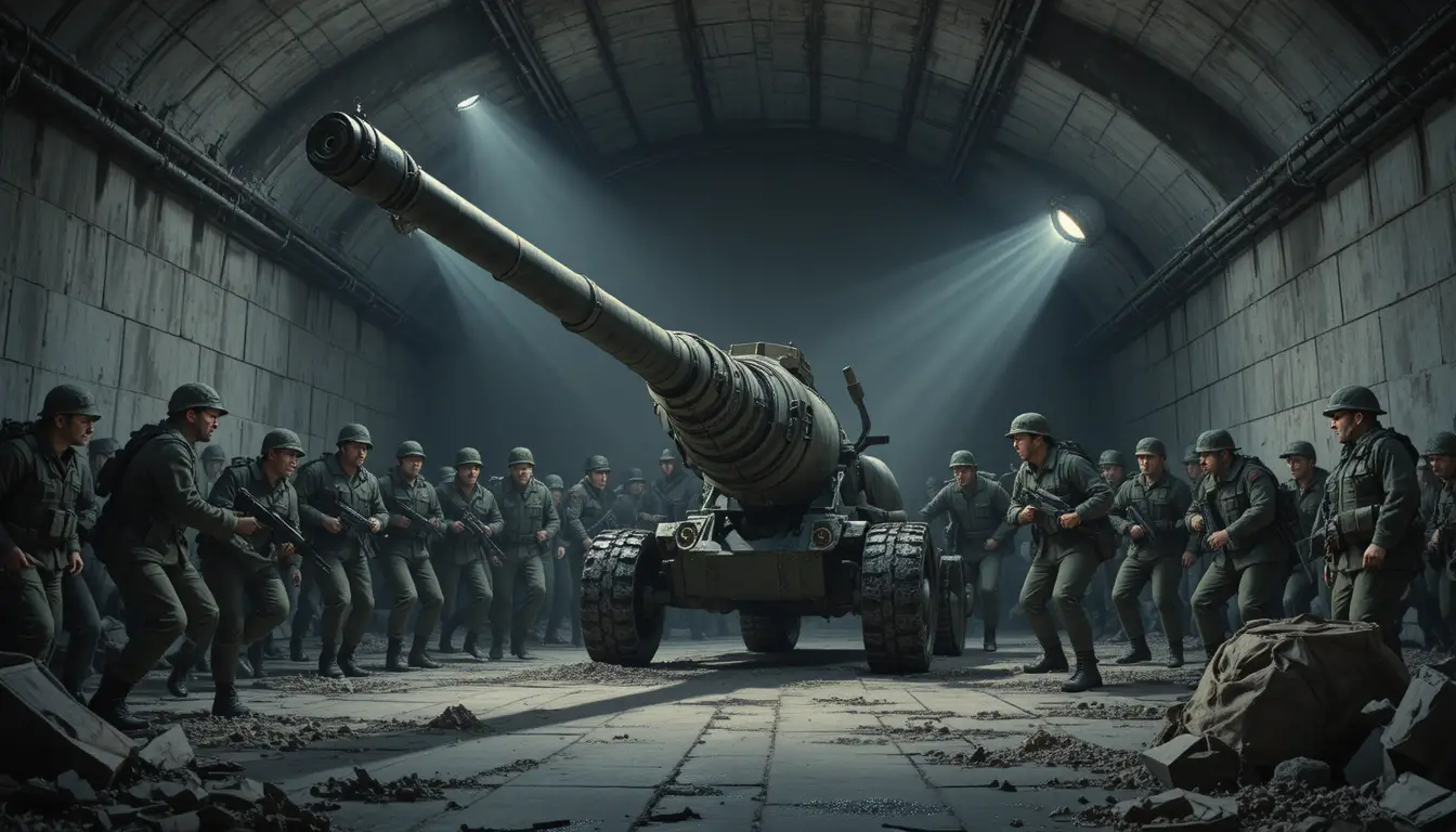Soldiers lifting a massive rocket launcher in underground bunker