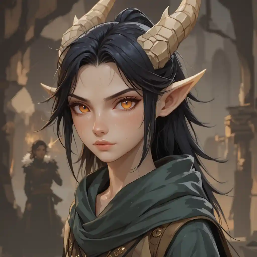 Teenage dragon sorcerer with long black hair and horns
