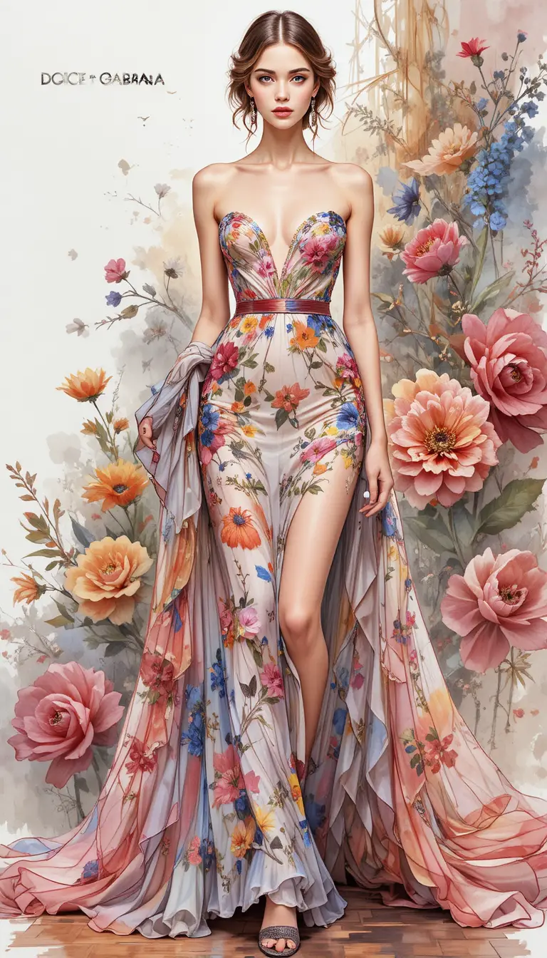 Full length fashion sketch with botanical watercolor accents