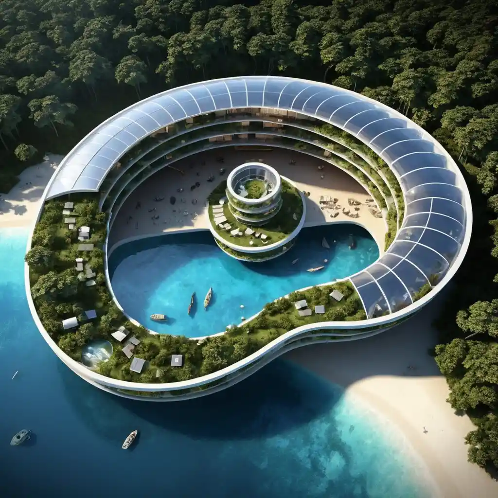 Futuristic nautilus eco resort concept in coastal waters