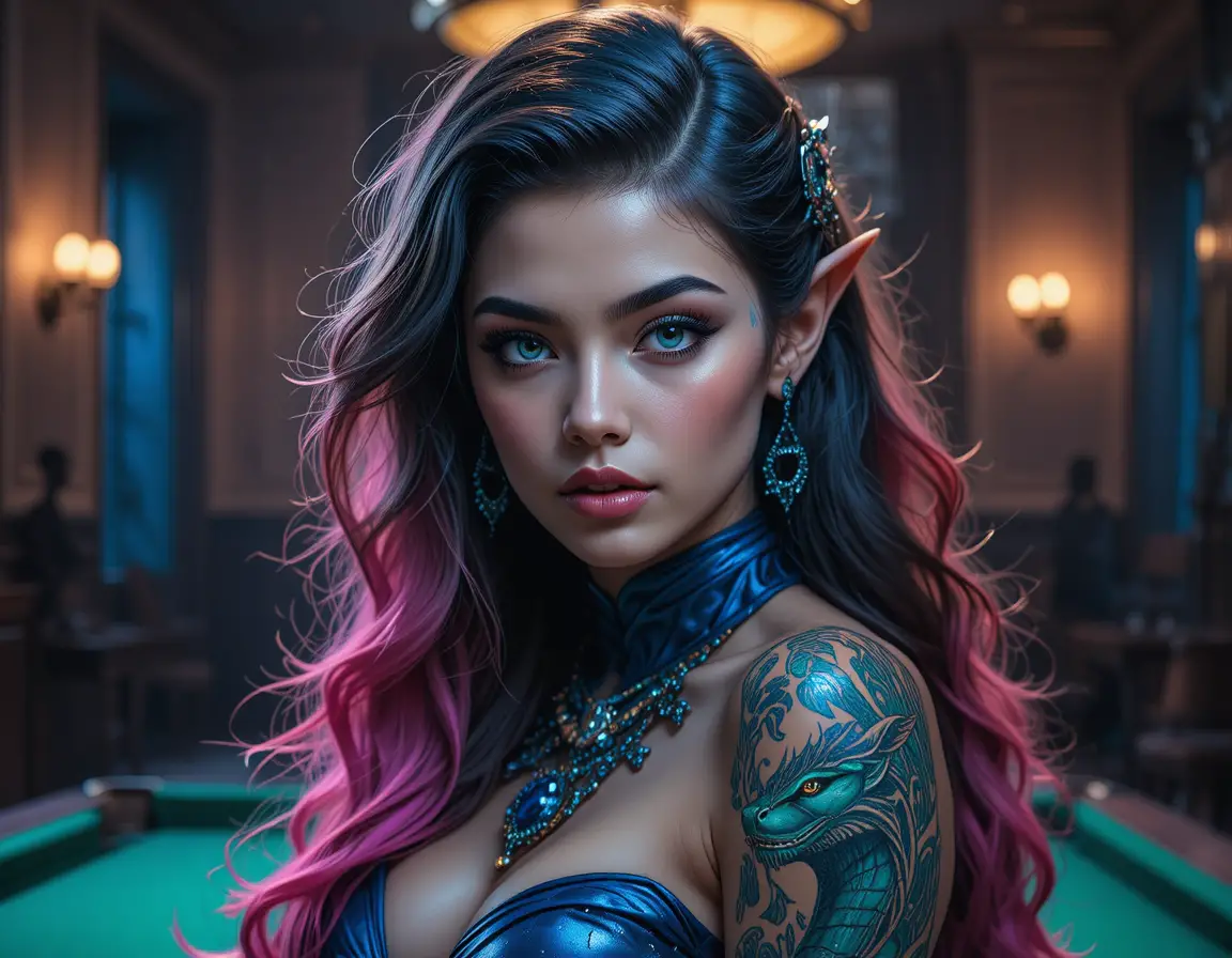 Elfe aux yeux bleus avec tatouage de serpent dans une salle de billard