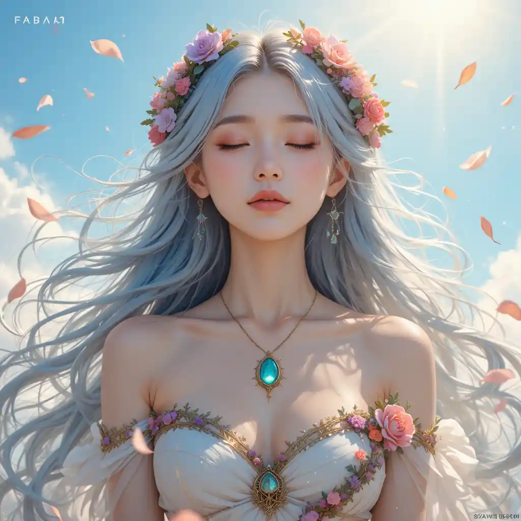 Ragazza fantasy con capelli blu argento e corona di fiori
