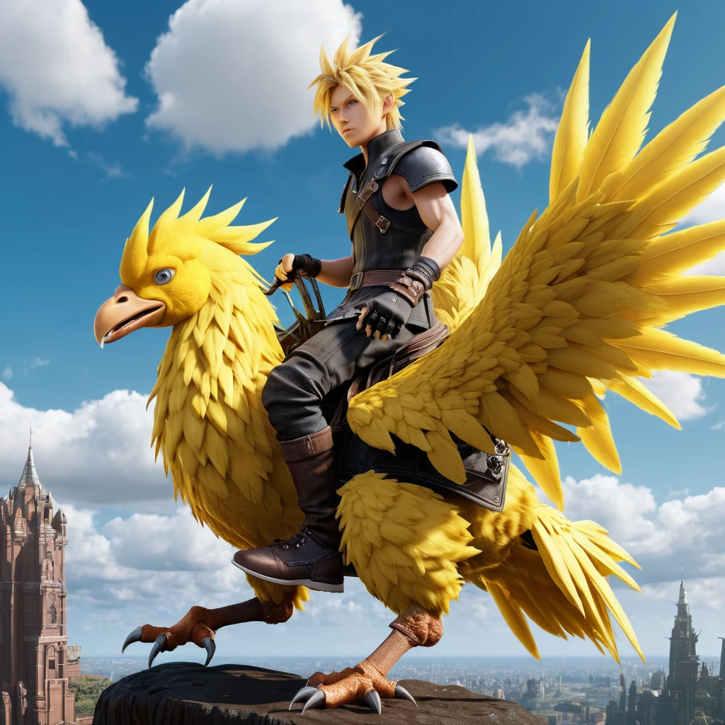 Hero riding a giant yellow fantasy bird in 3d