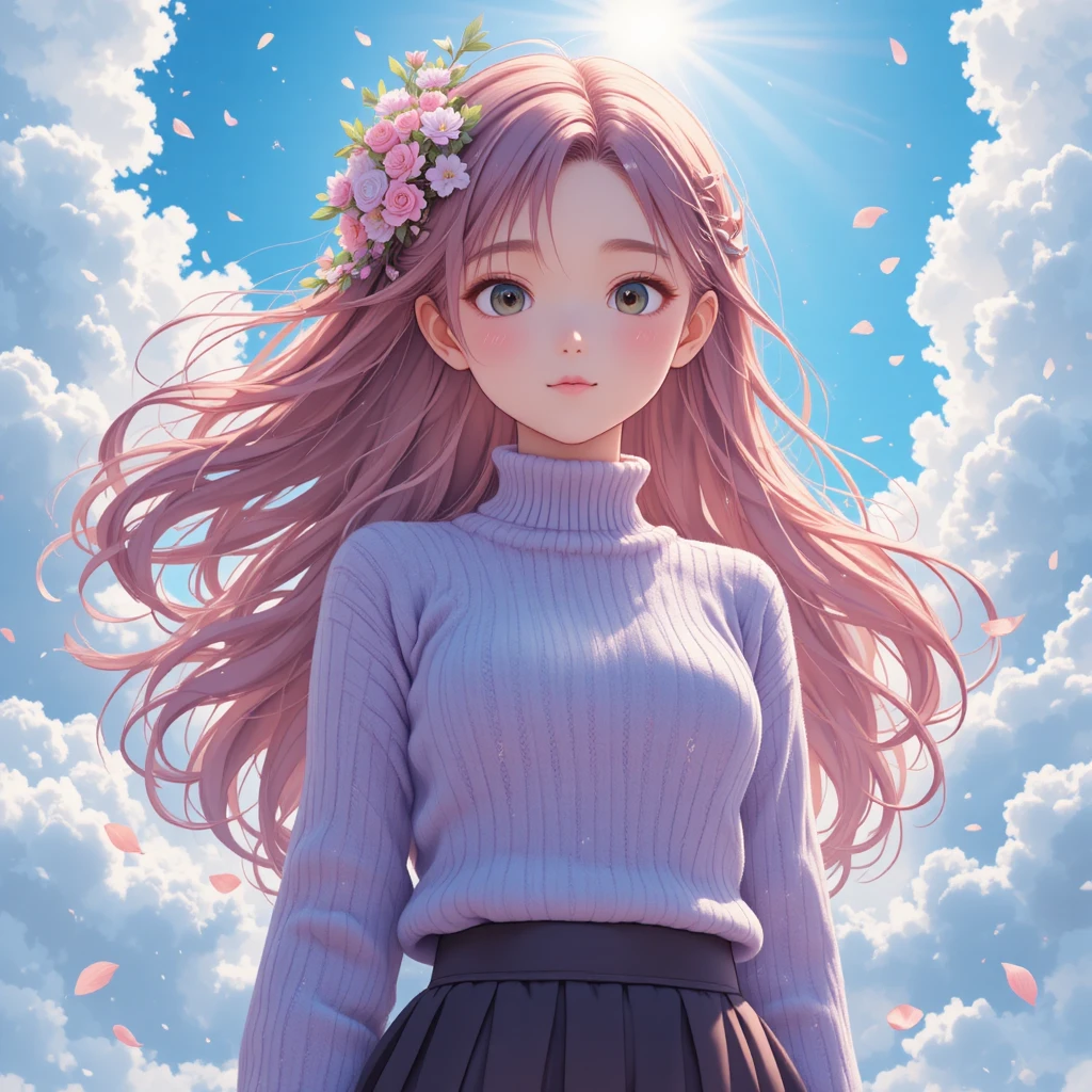 Fille d’anime en pull lavande sous un ciel bleu éclatant