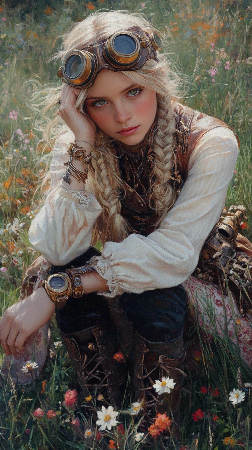 Steampunk woman resting dreamily in a sunny flowered meadow