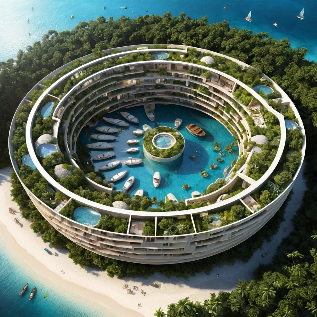Eco resort futuristico a forma di nautilus con design ispirato a Fibonacci