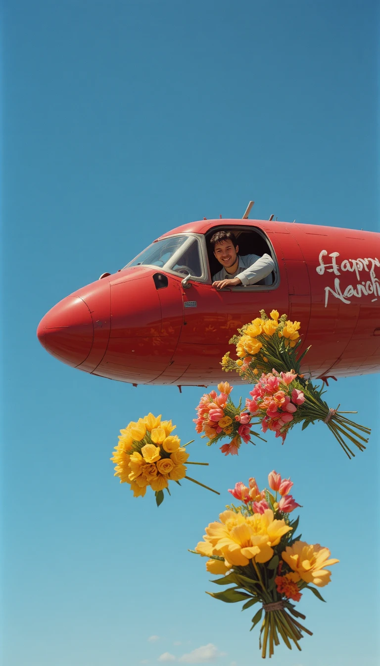 Mujer lanzando flores de primavera desde un avión rojo en el cielo azul