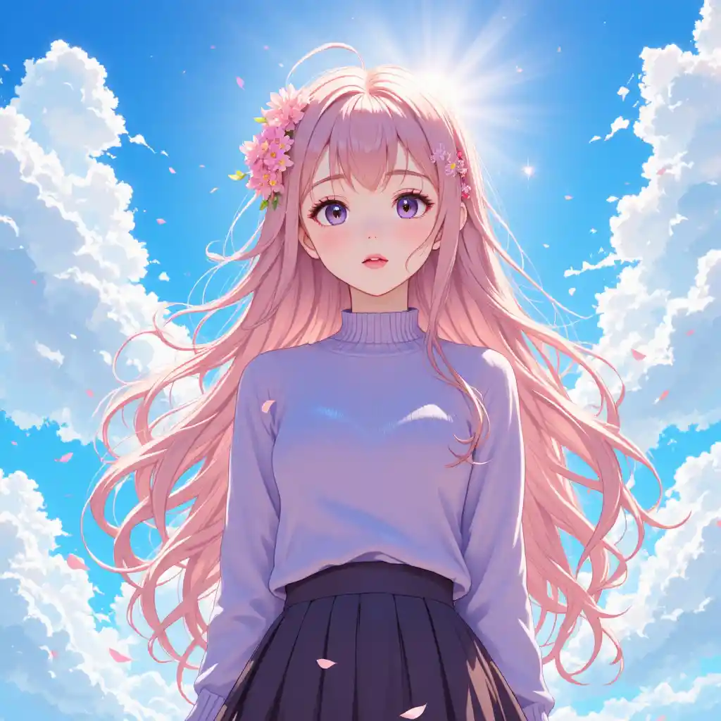 Anime girl with flower hairpin under bright blue sky