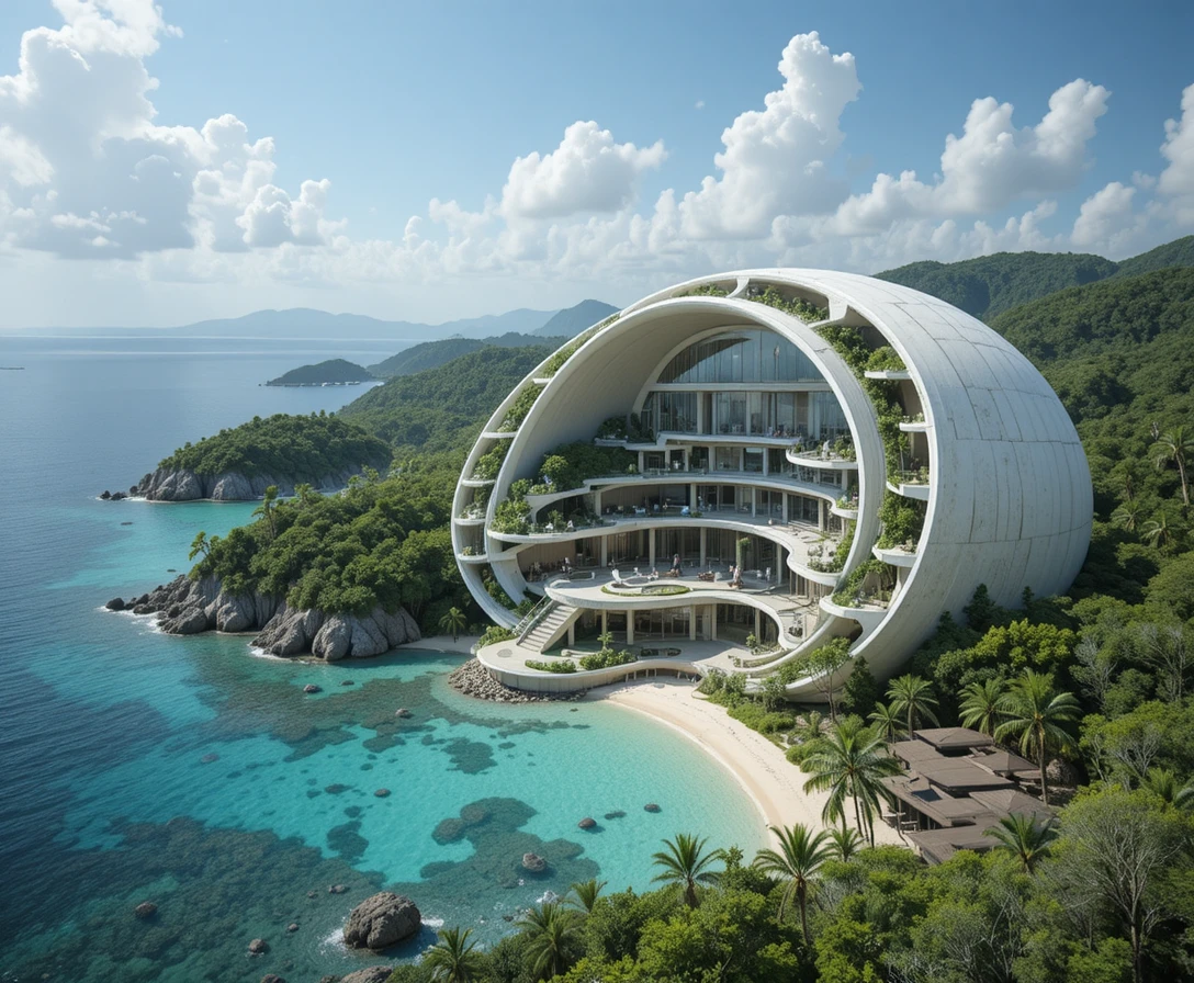 Futuristic nautilus eco resort concept on tropical coastline
