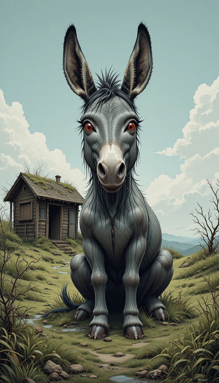 Giant grey donkey with red eyes in a surreal field