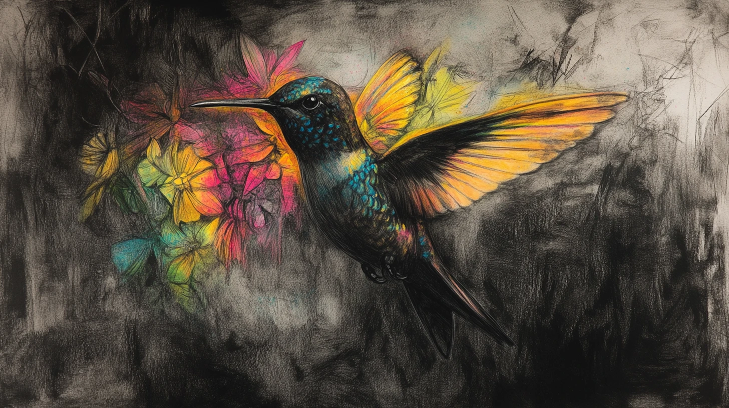 Colibrí surrealista a carboncillo con plumas iridiscentes brillantes