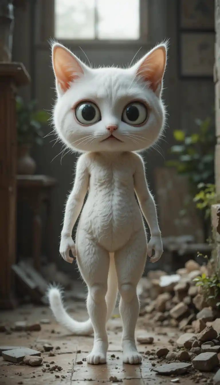 Anthropomorphic white cat woman shocked by a broken home