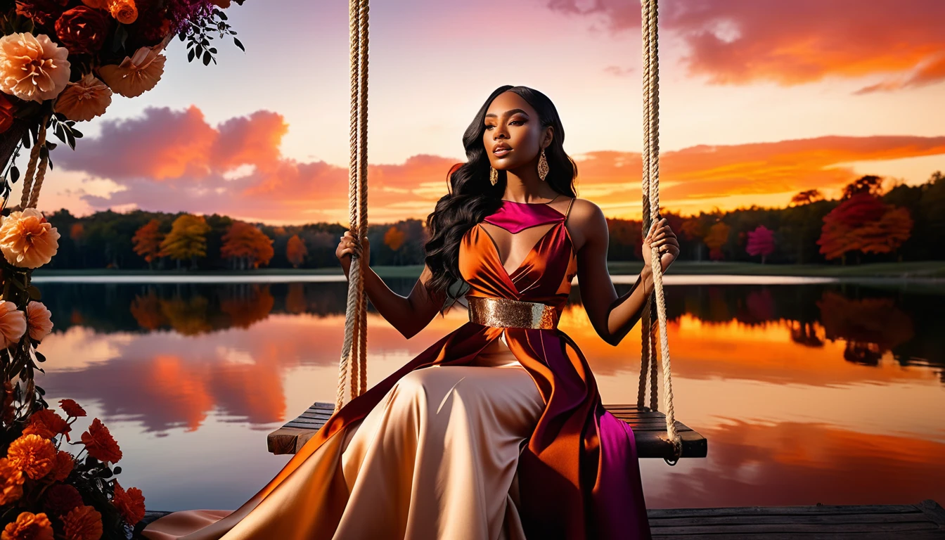 Femme élégante sur une balançoire fleurie au-dessus d’un lac au coucher du soleil