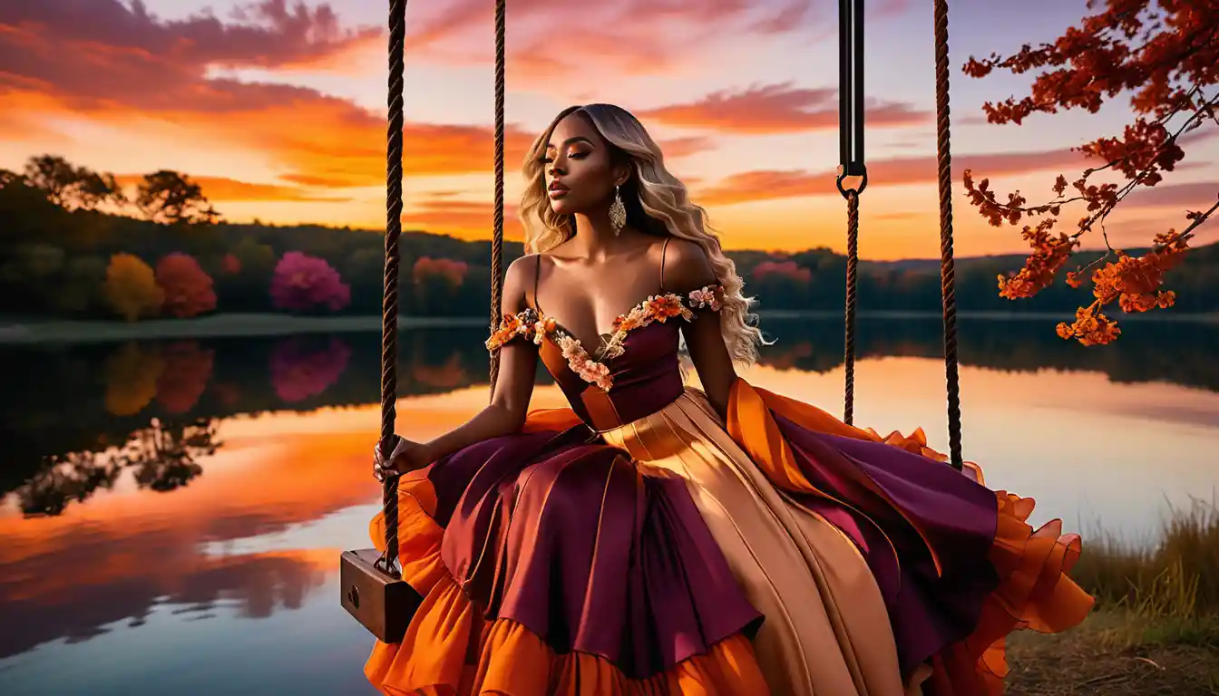 Femme élégante sur une balançoire florale au-dessus d’un lac au coucher du soleil
