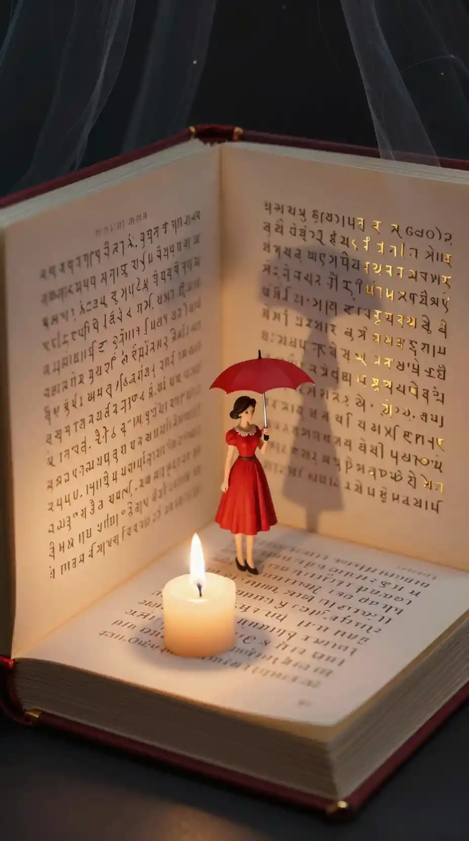 Winzige Frauenfigur zwischen Buchseiten im Kerzenlicht