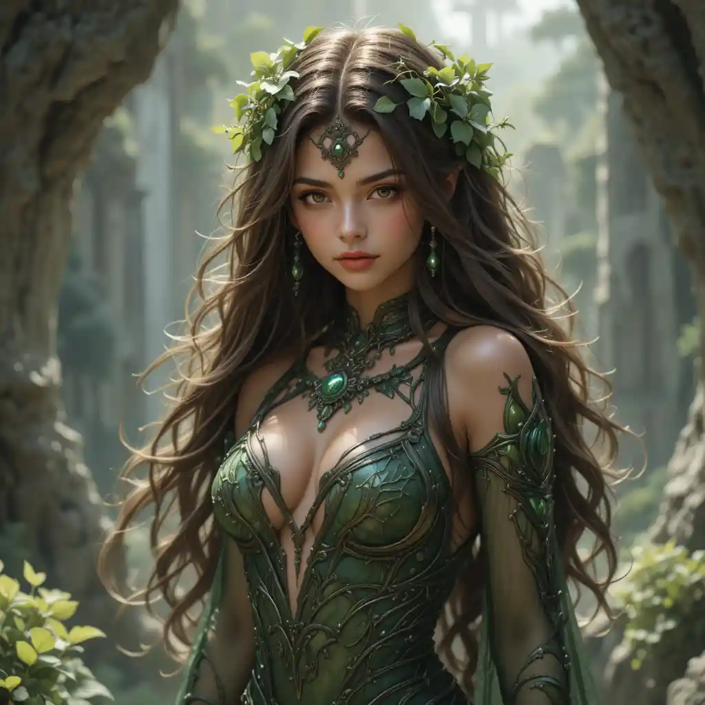 Earth goddess girl with brown skin and green eyes