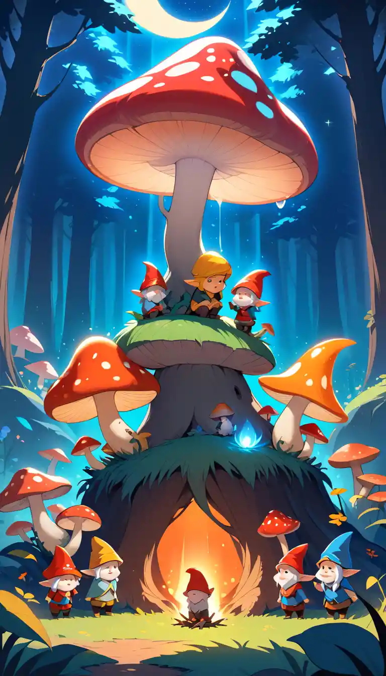 Giant glowing mushroom sheltering gnomes in moonlit forest