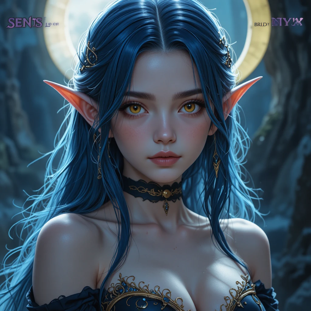 Elf eared night goddess girl with dark hair and yellow eyes