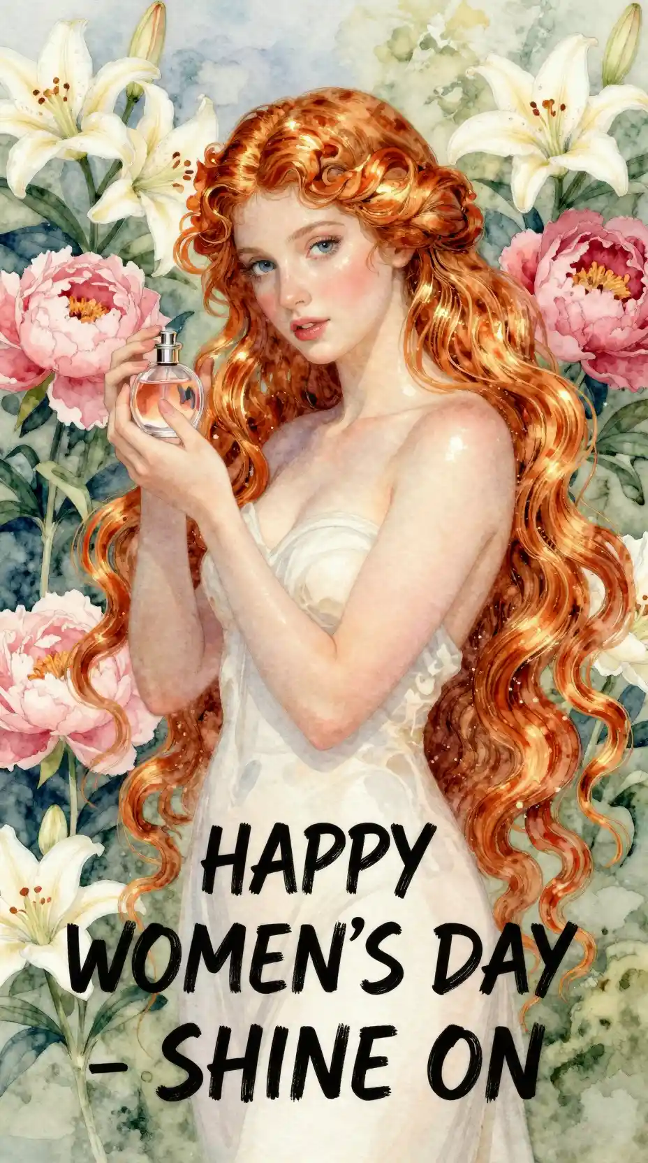 Watercolor portrait of Venus in a blooming floral garden