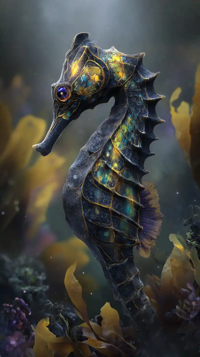 Surreal seahorse rising from a kelp forest with anchor