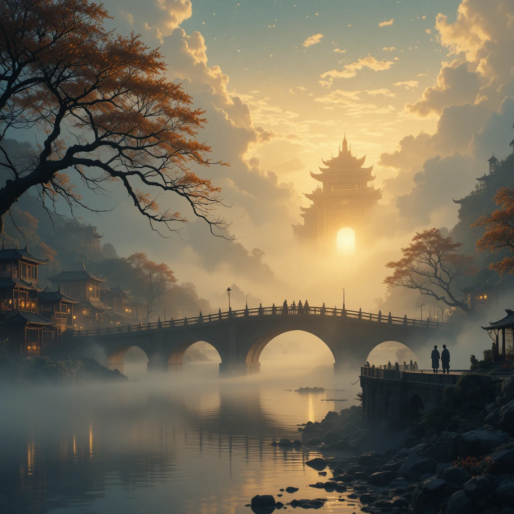 Ville fluviale chinoise embrumée à l’aube avec ancien pont de pierre