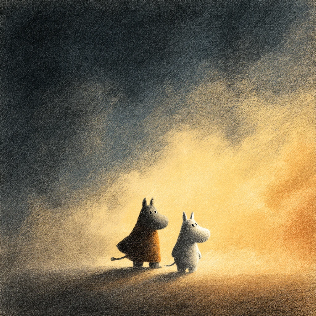 Surreal cartoon figure drifting in a cathedral of clouds