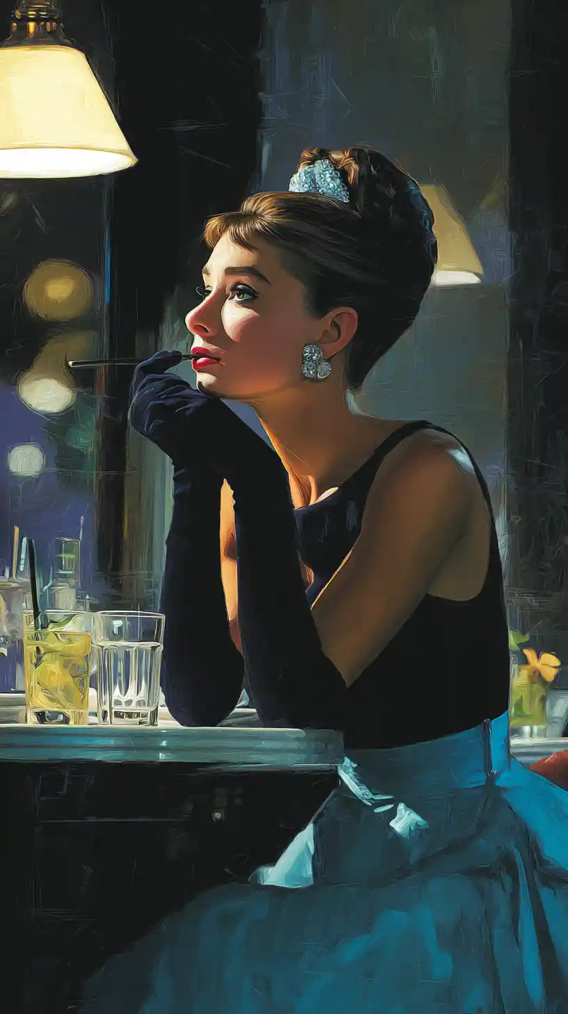 Elegant woman in a New York cafe movie poster illustration