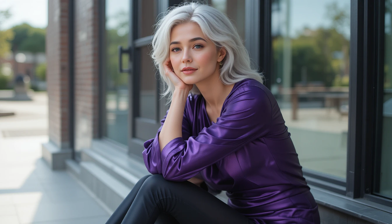 Stylish older woman in shiny purple top outdoors