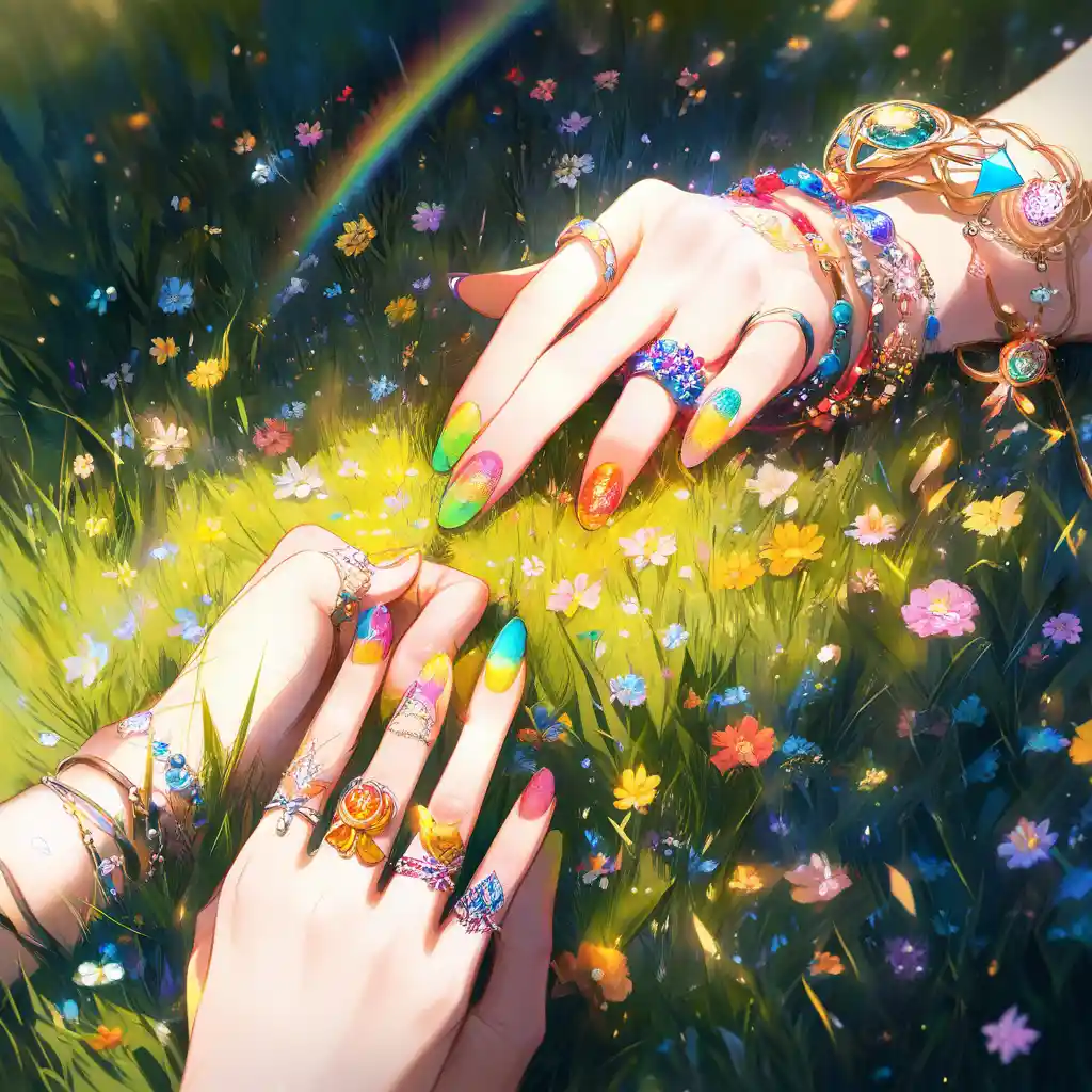 Girl hand with rainbow nails resting on green grass