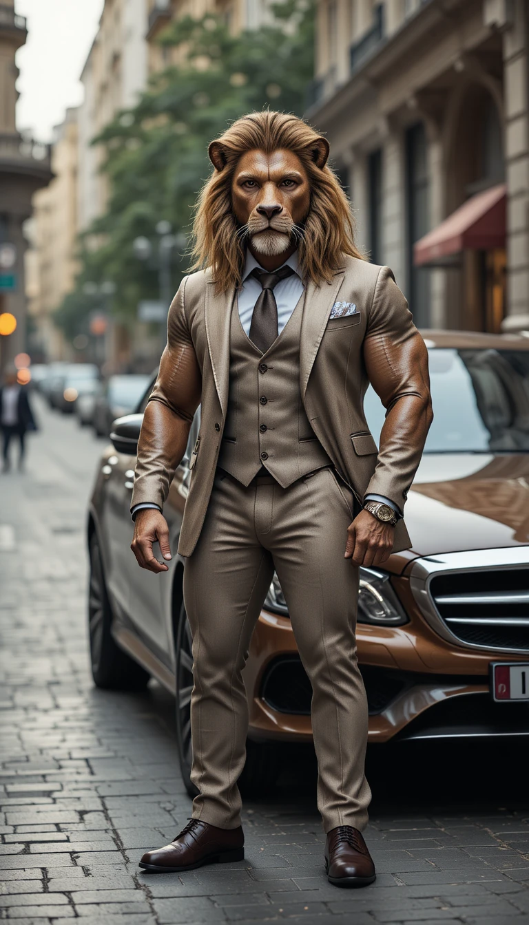 Anthropomorphic lion businessman beside luxury car in city street