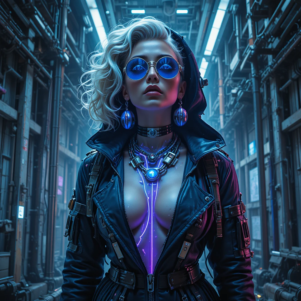 Cyberpunk femme fatale in an orbital elevator shaft