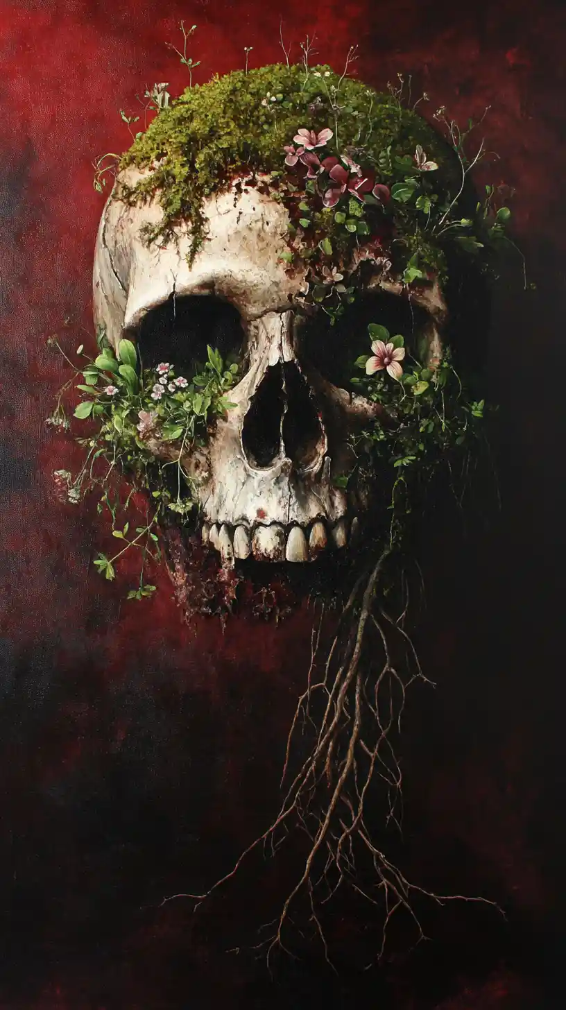 Teschio umano incrinato con muschio e fiori in una luce drammatica